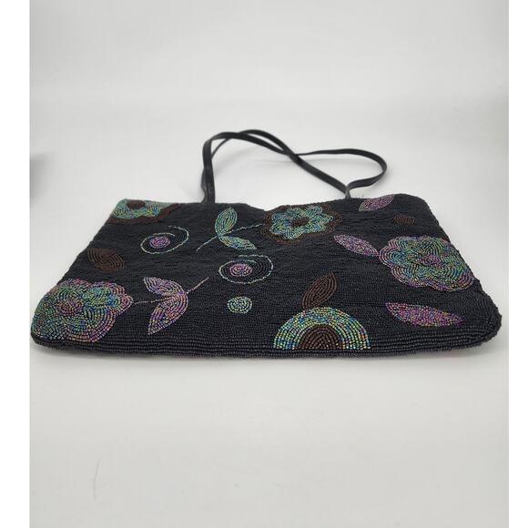 Black and Iridescent Beaded Floral Shoulder Bag - Picture 3 of 10